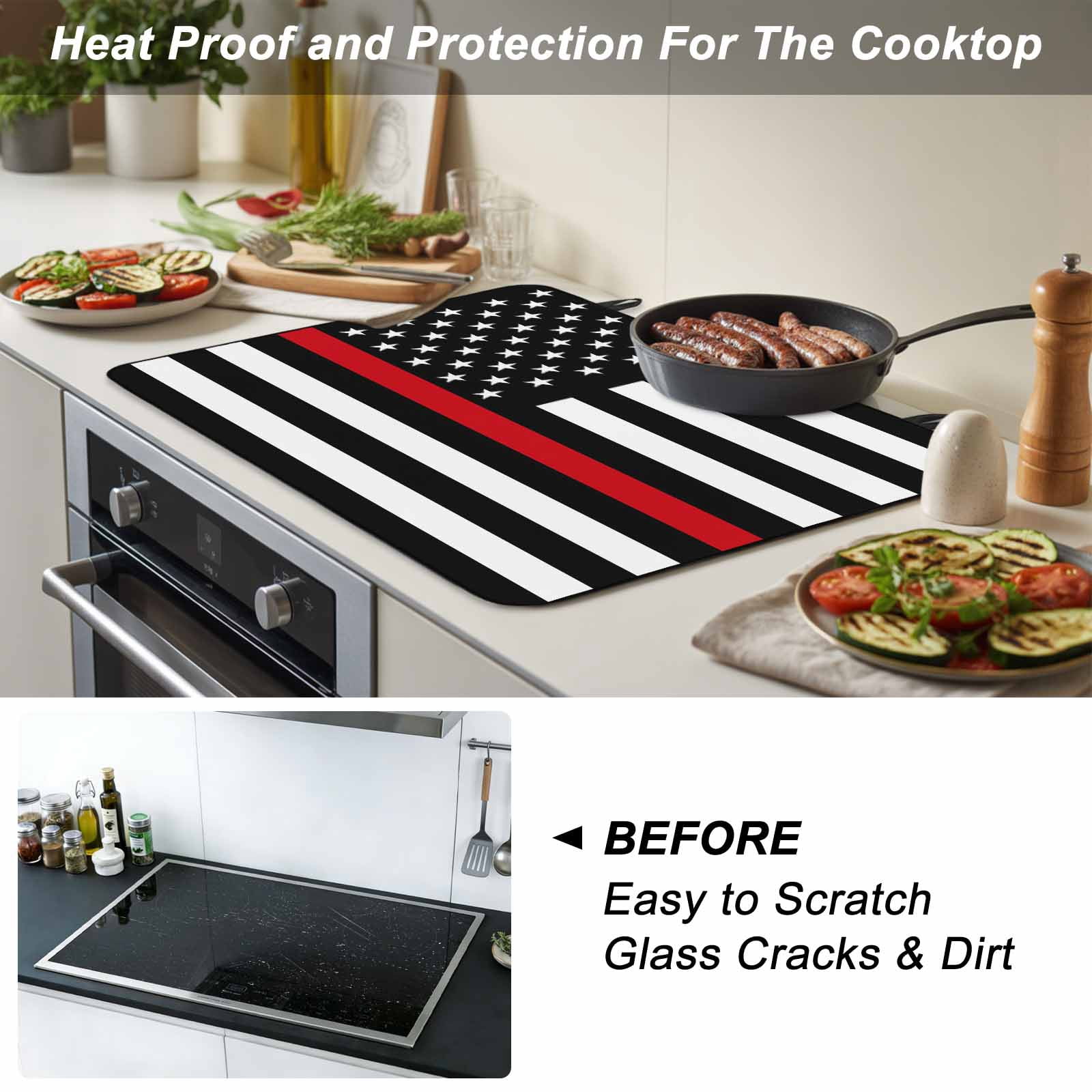 Red American Flag Stove Top Cover for Electric Stove, Heat-proof & Non Slip Glass Top Stove Cover Protector, Black White Striped US Flag Stars Kitchen Flat Cooktop Rubber Mat 28.5x20.5 Inches
