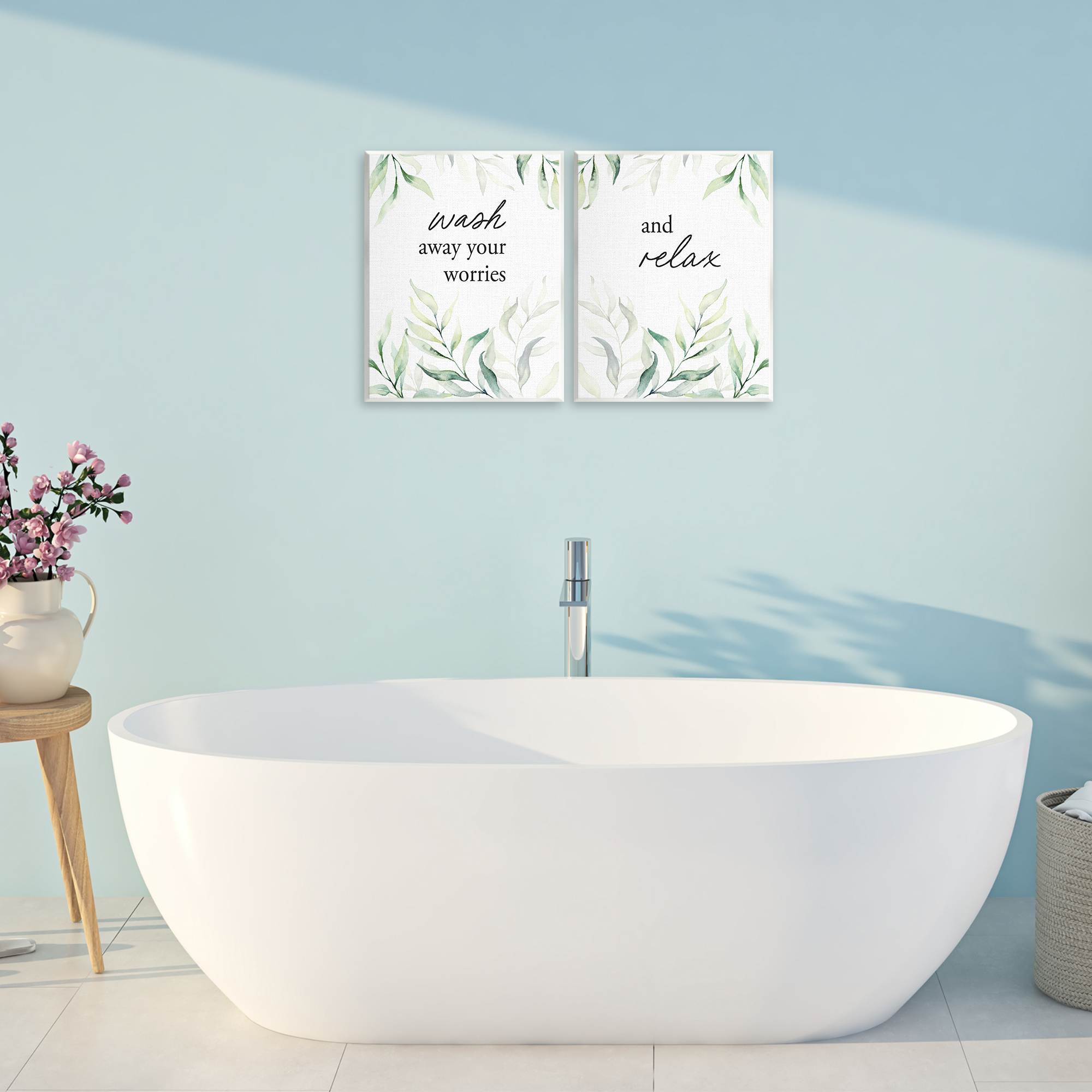 Soothing Bathroom Greenery Words 2 Piece Wall Plaque Art Set, design by Lettered and Lined