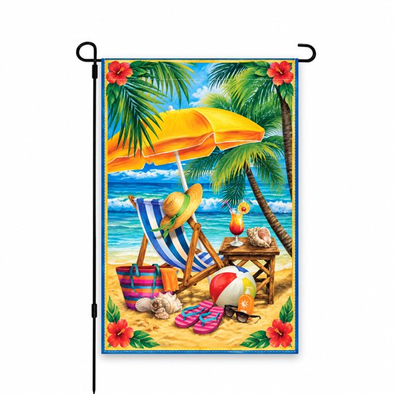 Tropical Beach Summer Garden Flag 12 x 18 Inch, Vibrant Ocean Scene with Palm Trees, Beach Chair, and Seashells, Perfect for Patio and Lawn Outdoor Decor