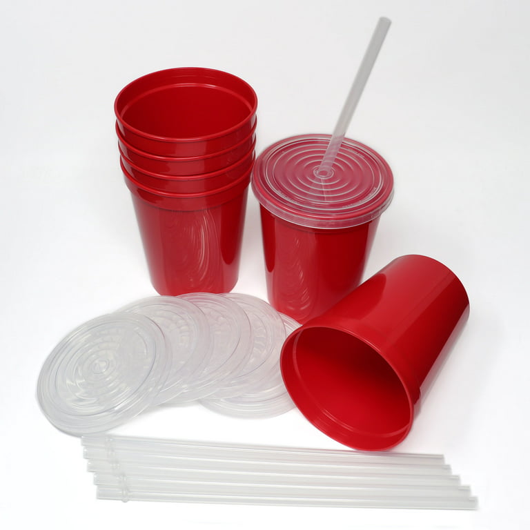 Rolling Sands 16oz Reusable Plastic Cups with Lids, 6 Pack, USA Made; BPA Free Clear Tumblers, Includes 6 Reusable Straws; Dishwasher Safe