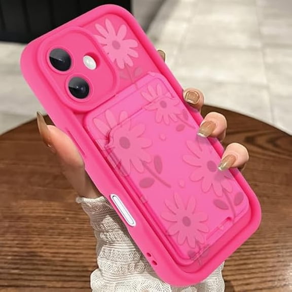 YJJSKEJI Compatible with iPhone 17 Case with Card Holder, Daisy Floral Shockproof Soft TPU Protective Cover Women Girls, Anti Scratch Wallet Case for iPhone 17 6.3 Inch, Hot Pink