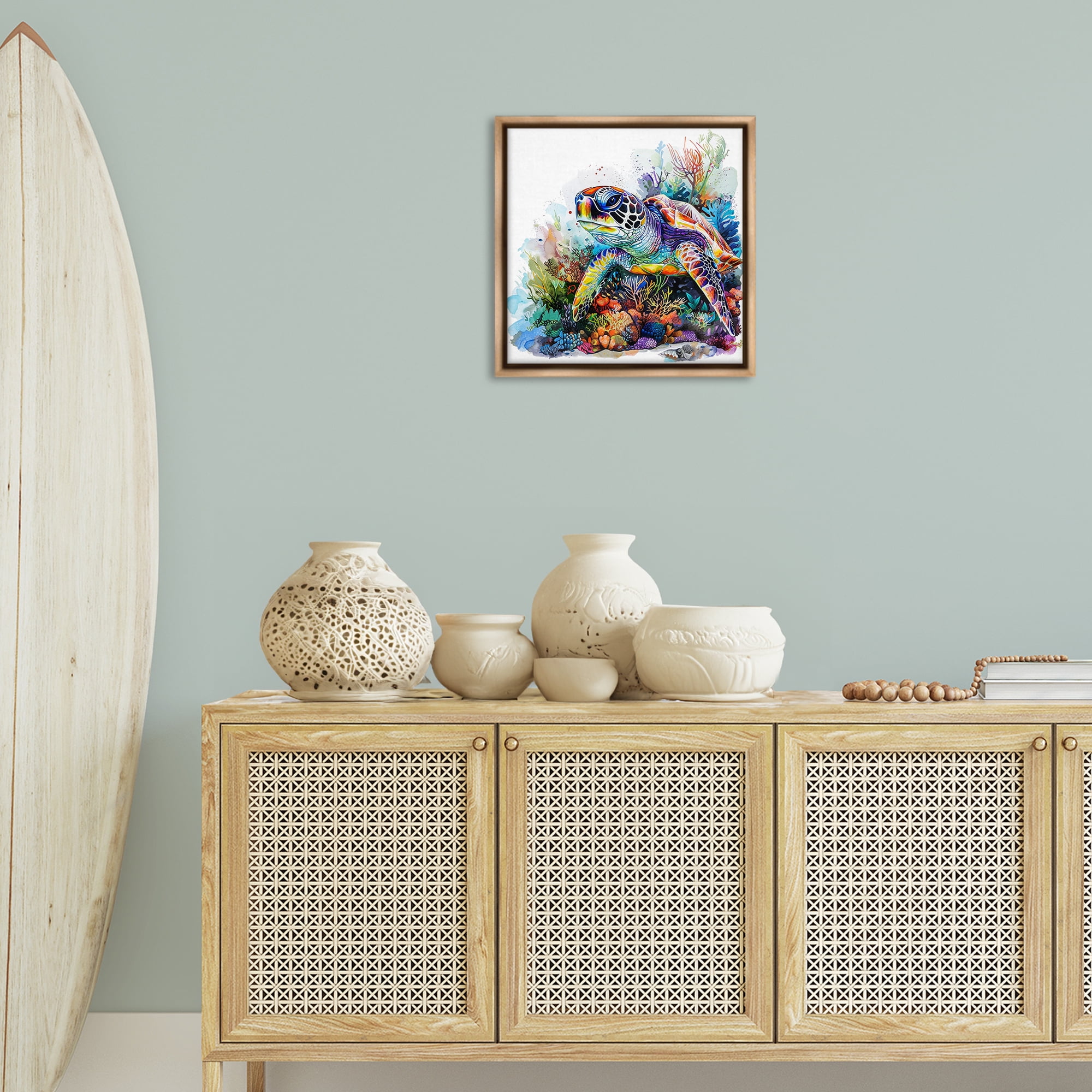 Stupell Industries Aquatic Sea Turtle Animals Painting Brown Floater Framed Canvas Art Print Wall Art, 18 x 18