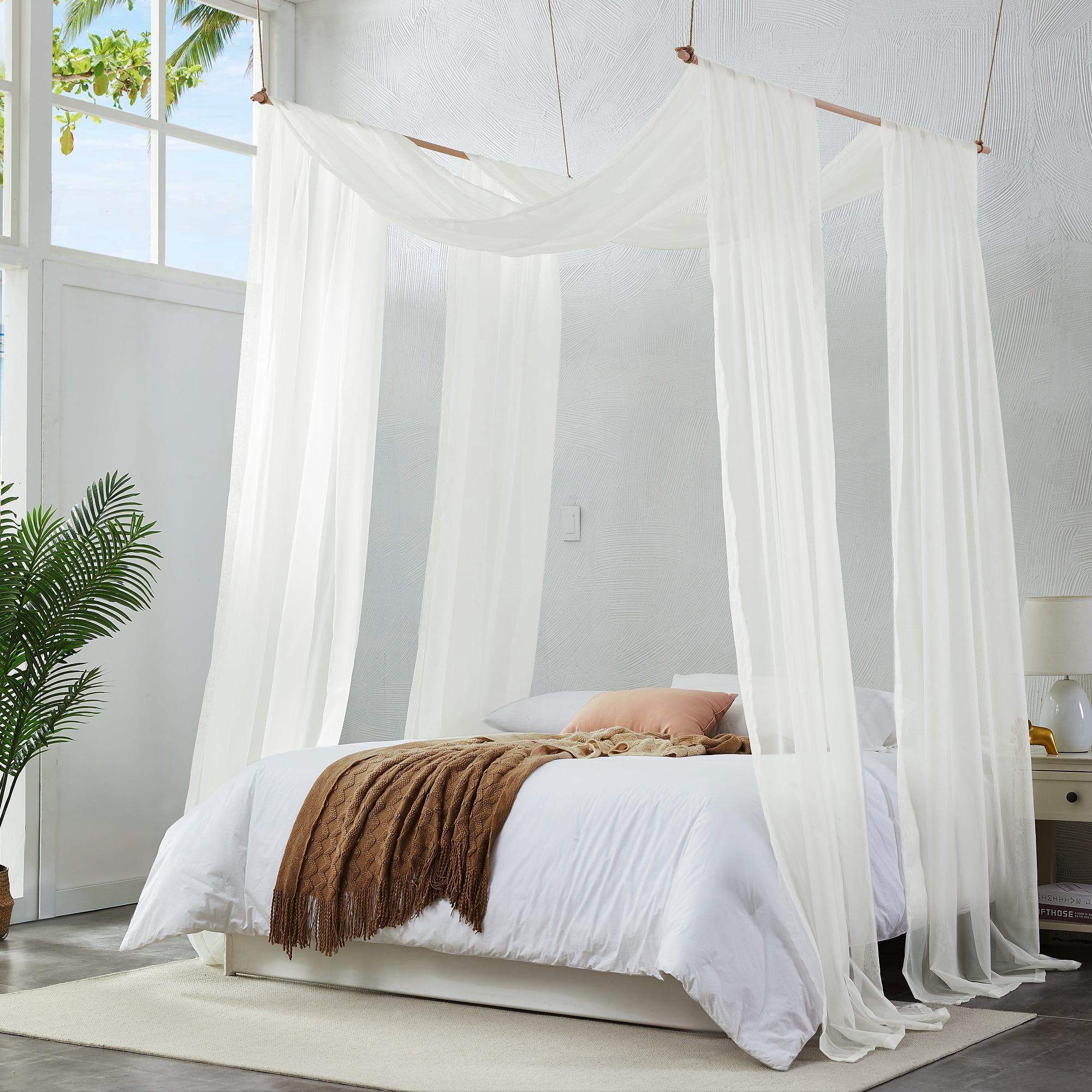 Warm Home Designs Set of 2 White & Beige Canopy Bed Curtains in 55 x 360 Inch Size. BE White & Beige 360