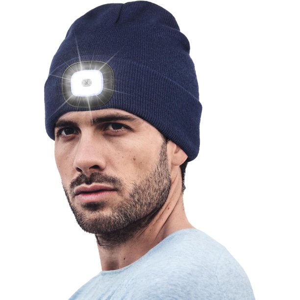 Hatlight Gorro LED unisex con luz, linterna recargable USB, gorro de punto LED, gorro de faro, calcetín navideño, regalos para hombres, marido, papá, negro