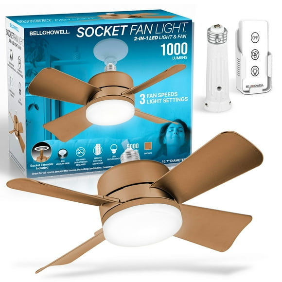 Bell + Howell Socket Fan Light Bronze 2-in-1 LED Bulb 1000 Lumens with Remote Control 3 Speeds 3 Light Settings E26 Base
