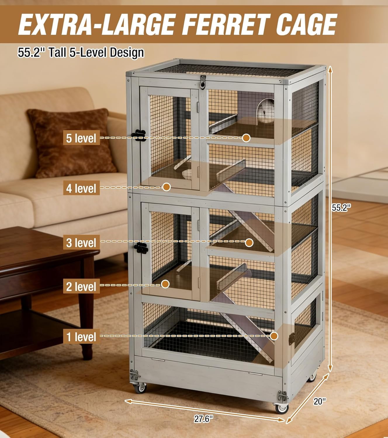 Aivituvin Large Ferret Cage  5 Levels Chinchilla Cage with Wheels  Wooden Rat Cages Upgrade Metal Frame Guinea Pig House for Indoor Outdoor