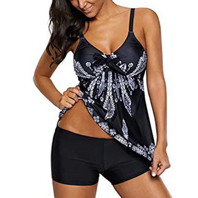 sweethay Traje de baño de mujer Traje de baño de impresión Tank Top Dress Traje de baño Prendas para la parte del cuerpo Negro 4XL