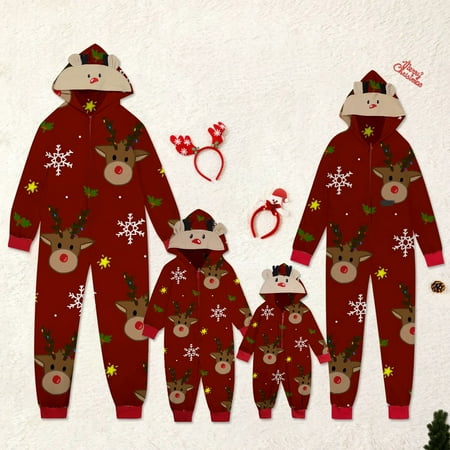 

LINMOUA Christmas Hooded Jumpsuit Pajamas Elk Loungewear Outfits Family Xmas Pjs Matching Sets
