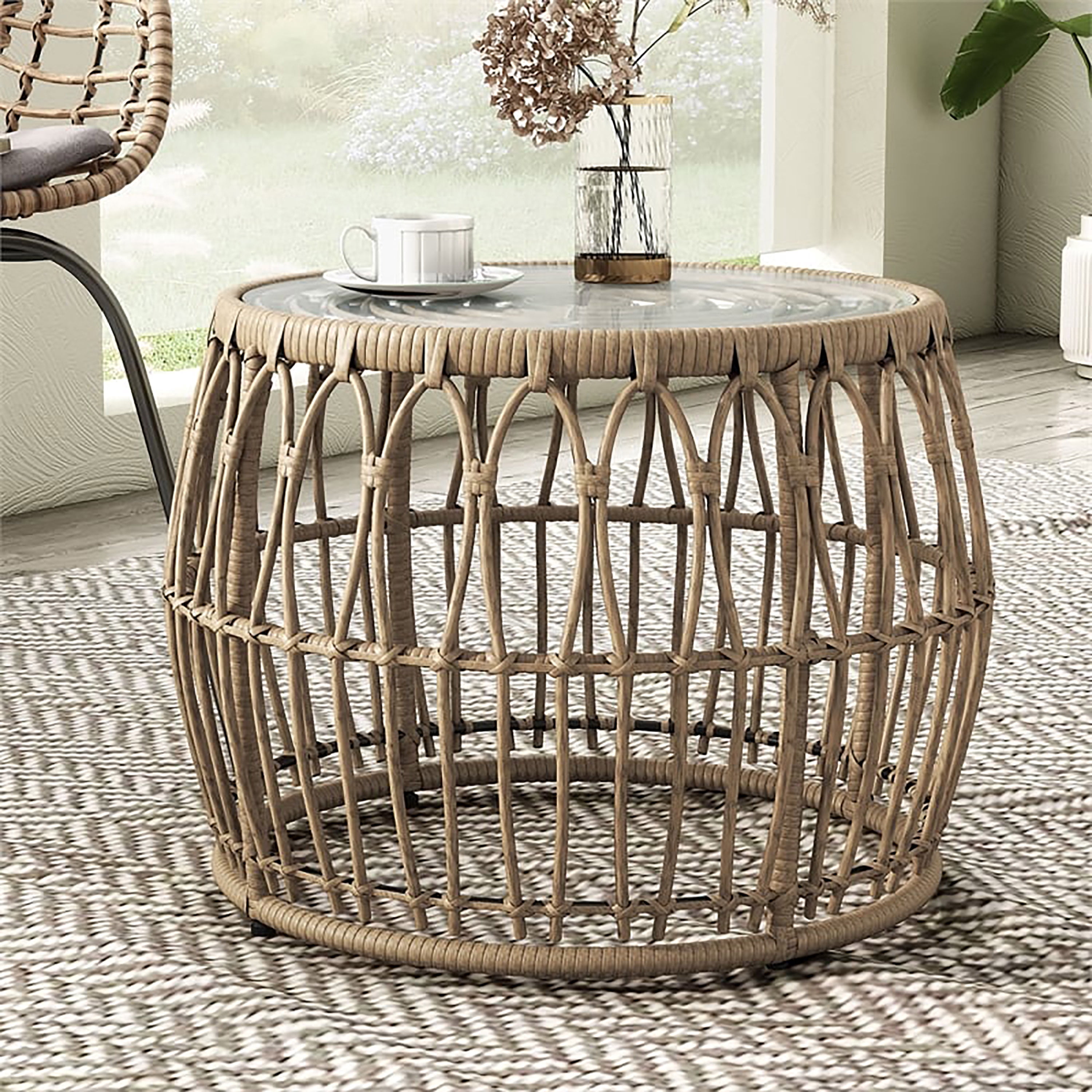 Lila Wicker All-Weather Coffee Table for Indoor Outdoor Use, Natural