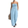 thumbnail image 2 of LEKWK Strapless Linen Jumpsuits for Women Smocked Wide Leg Romper with Pockets Sleeveless Loose Tie Front Casual One Piece Beach Vacation Outfit, 2 of 5