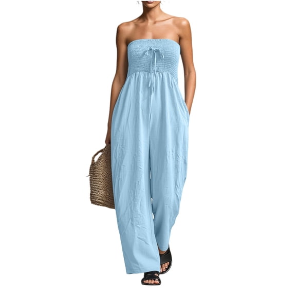 Strapless One Piece Jumpsuits Womens Off Shoulder Wide Leg Linen Jumpsuit Sleeveless Summer Vacation Jumper Light Blue, L