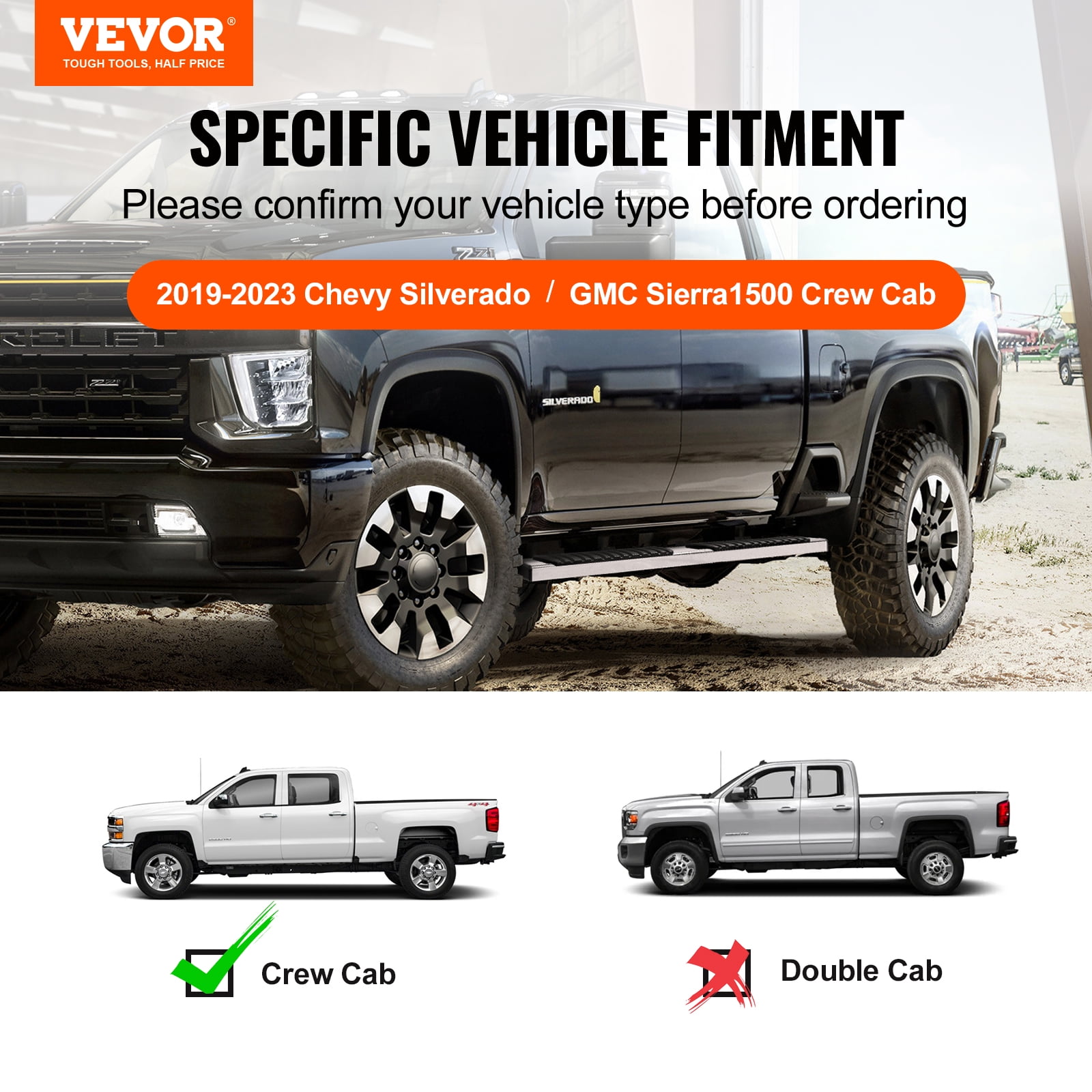 VEVOR Running Boards,6" Step Bars Compatible with 2019-2023 Chevy Silverado/GMC Sierra 1500/2020-2024 Silverado/Sierra 2500/3500HD Crew Cab,201 Stainless Steel Side Steps Nerf Bars,500LBS,2 Piece