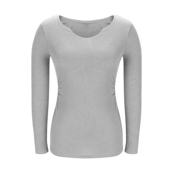 Uootdi Long Sleeve Shirts for Women V Neck with Built in Bra Ribbed Gift Knit Slim Fitted Tops Ruched Basic Tee Fall