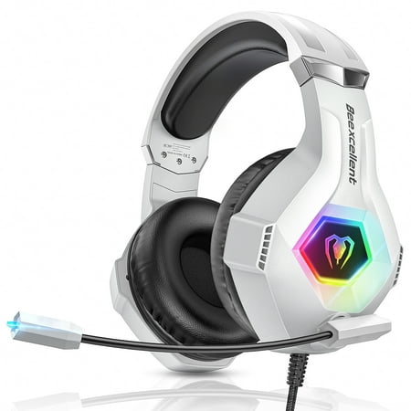 Beexcellent Gaming Headset for PS4 PS5 Xbox One PC Surround Sound with Microphone White 3.5mm
