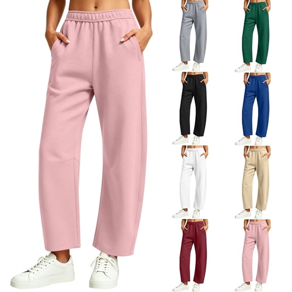 Yourumao Barrel Sweatpants for Women Fleece Tapered Leg Cropped Sweatpant Elastic Drawstring Waist Soft Loose Casual Trousers with Pockets