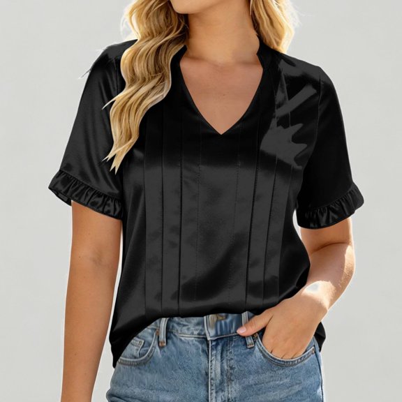 Xijirk Women's V-Neck Satin Blouse Short Sleeve Ruffle Shirt with Pleated Front Casual Top for Everyday Wear,2XL