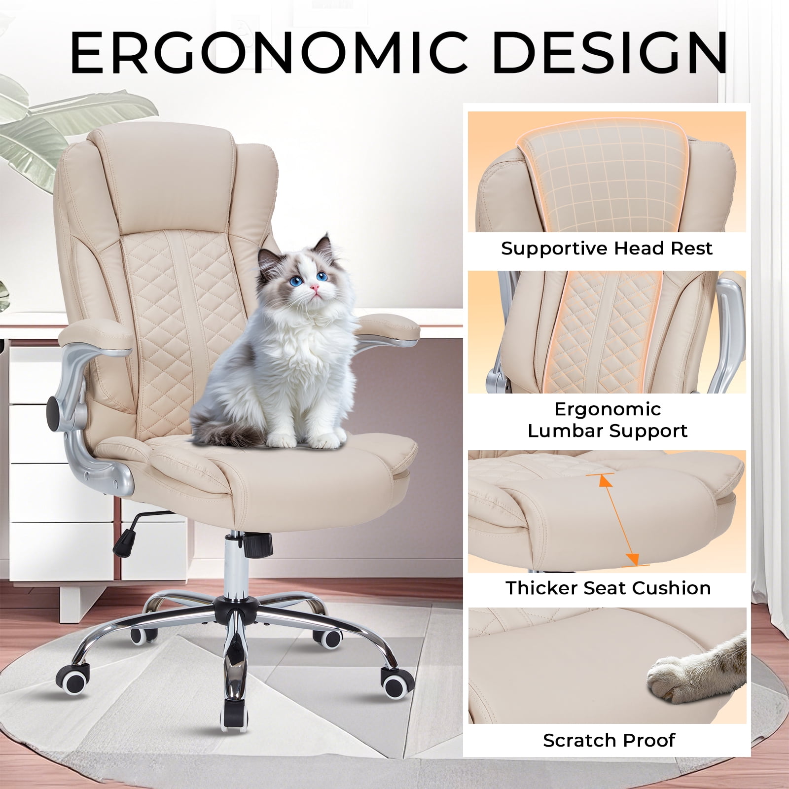 HESL Office Chair with Flip-Up Arms, Big and tall Office Chair with Rocking Mode, Desk Chair,  Cream