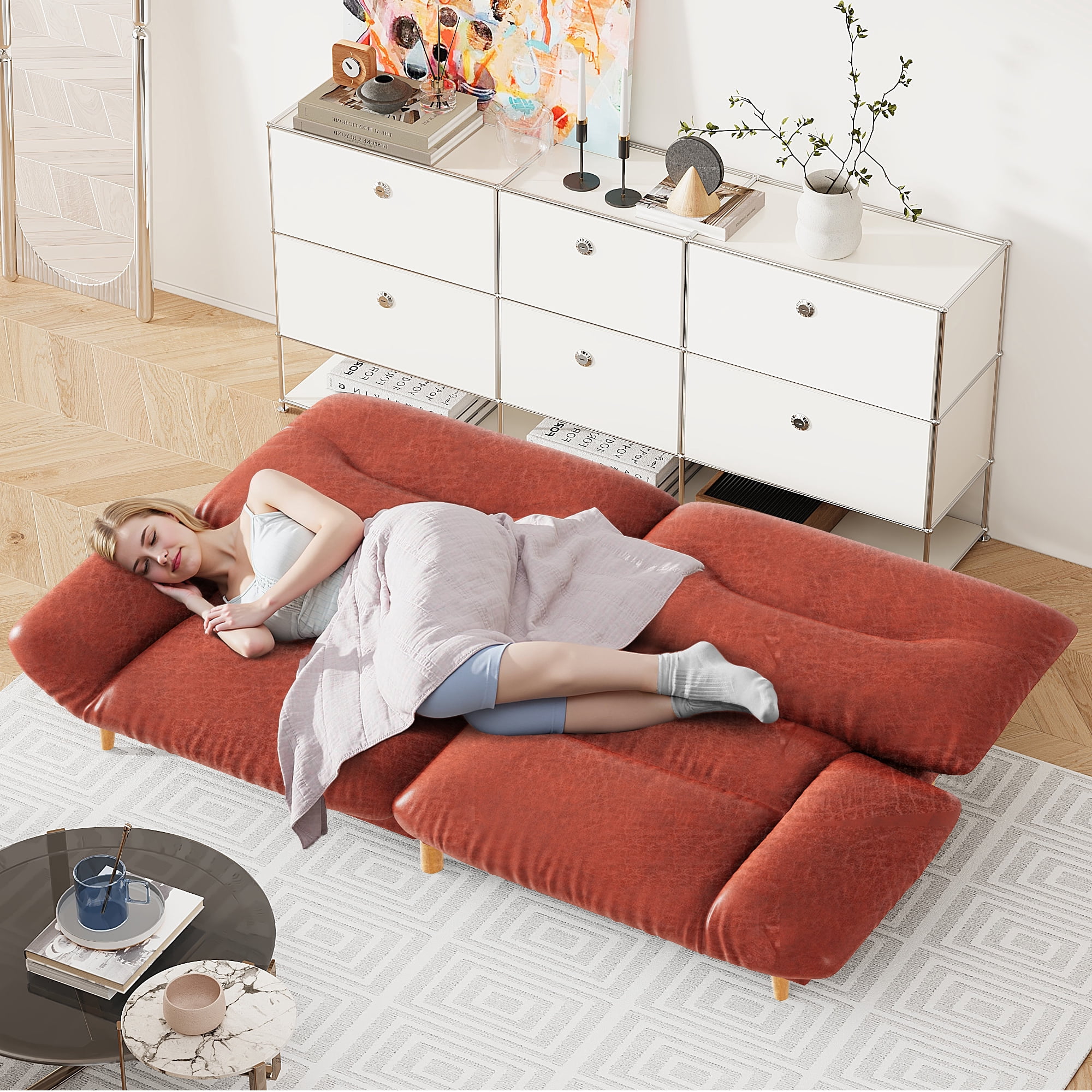 Homall Futon Sofa Bed with Adjustable Backrest & Five Angles Adjustable Armrests Sofa Couch for Small Spaces Living Room Office,PU Red