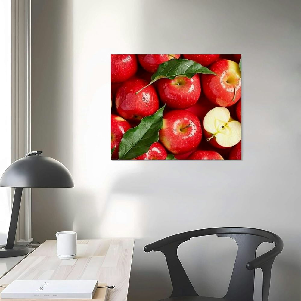 Fenyluxe  Red Apple Picture Wall Art - Fresh Fruits Painting Print on Canvas, Framed Food Poster Artwork for Home Kitchen Dining Room Decor 16x12in