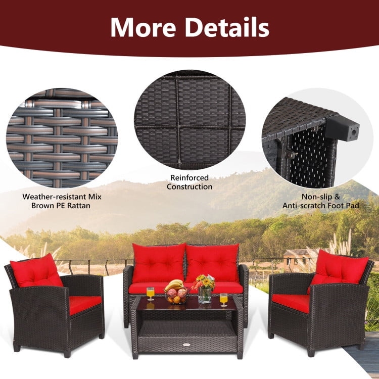 Aimee Lii 4 Pieces Wicker Patio Furniture Set with Tempered Glass Coffee Table, Wicker Outdoor Sectional, Red Aimee Lii 4 Pieces Wicker Patio Furniture Set with Tempered Glass Coffee Table, Wicker Outdoor Sectional, Red