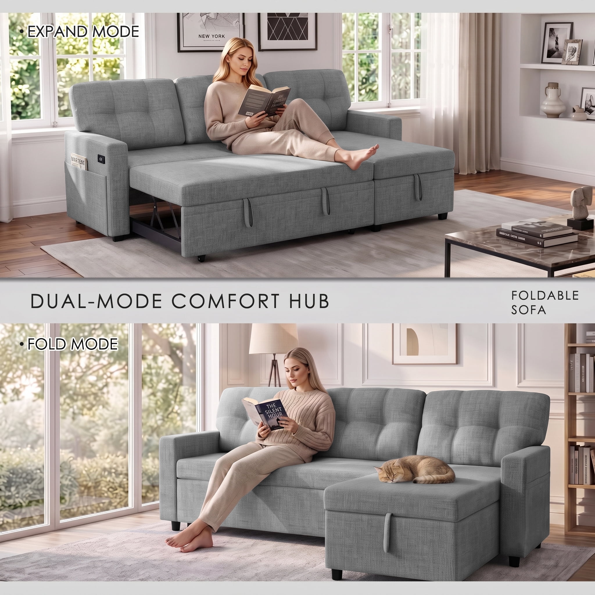 Convertible Sectional Sleeper Sofa Bed, 82" L Shaped Sofa with Pull Out Couch, Reversible Chaise, Storage & Charging Ports, Linen Fabric 3 Seater Couch for Small Spaces Living Room, Light Gray