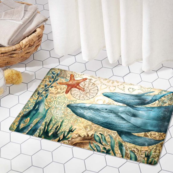 Fuoxowk Whale Starfish Bath Mat for Bathroom,Non-Slip Soft Absorbent Coastal Bath Rugs,Cute Bath Mat for Bathroom,Quick Dry Bath Mat for Bathroom Floor,Tub and Shower,Ocean Bathroom Decor,16"x24"