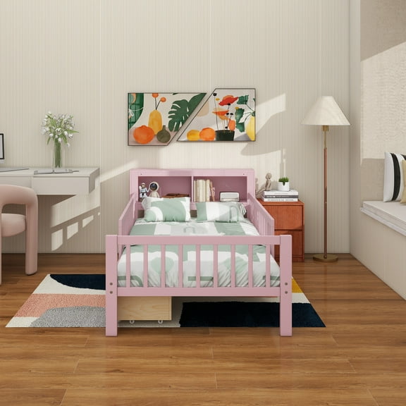 Twin Size Bed with Headboard Storage Rack, Two Under-Bed Drawers, Three-Side Guardrails for Safety and Security,Pink