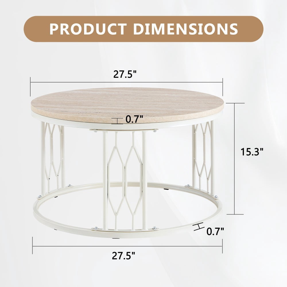 Round Coffee Table, 27.5" Coffee Table with Stone-Effect Travertine Top, Metal Frame, Modern Living Room Table, White