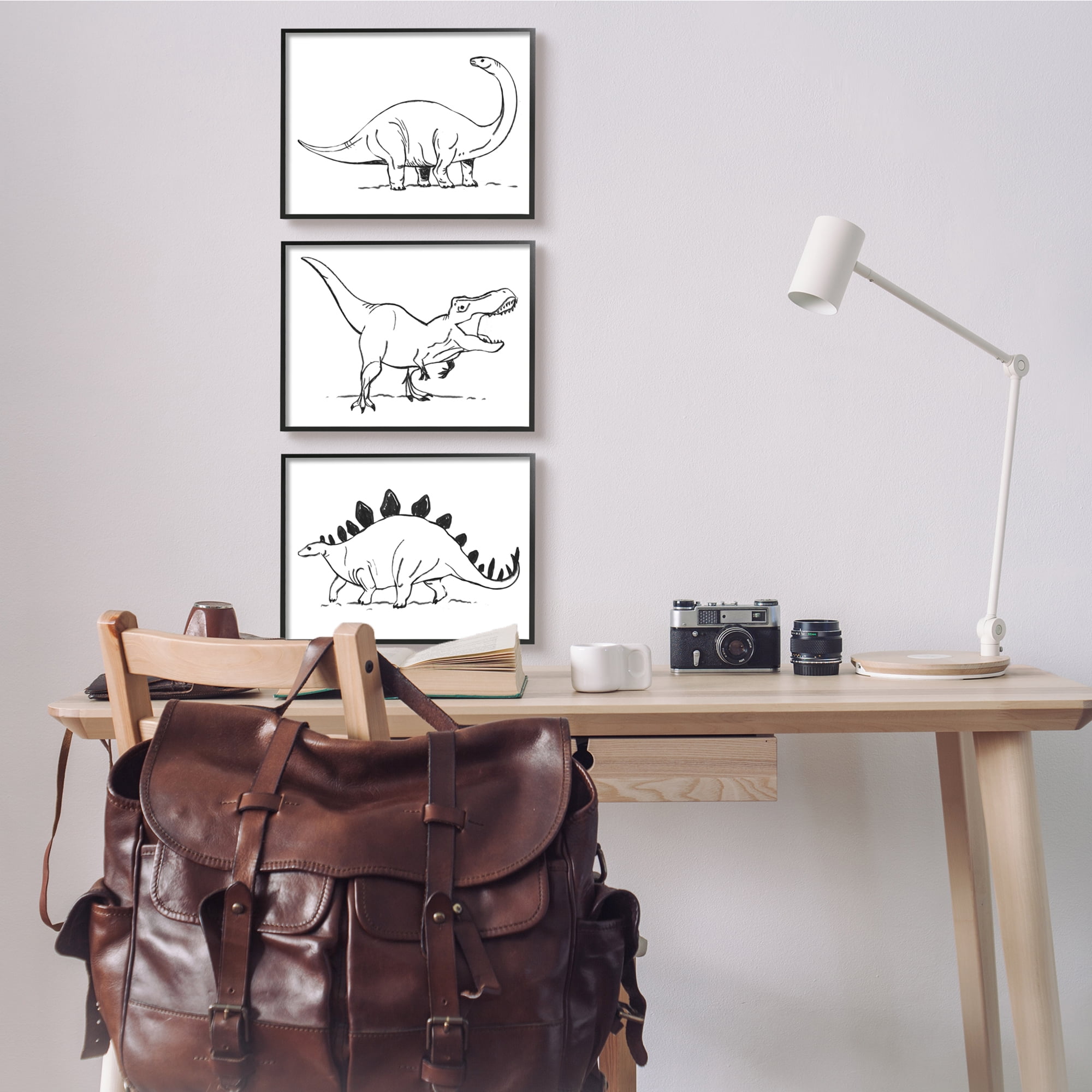 Stupell Industries Dinosaurs Marching Line Drawing Minimal Black White Animals & Insects Painting Black Framed Art Print Wall Art, 11 x 14, Set of 3