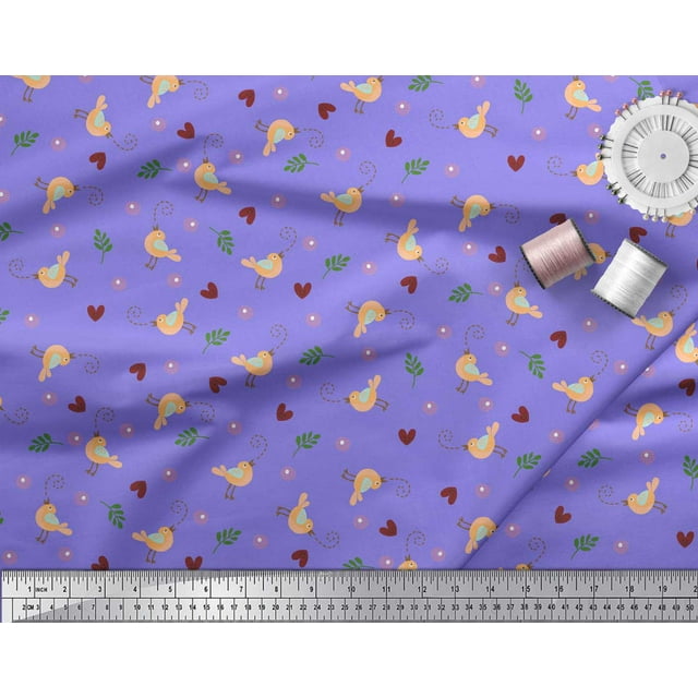 Soimoi Purple Cotton Voile Fabric Leaves,Heart & Bird Cartoon Fabric Prints By Yard 56 Inch Wide