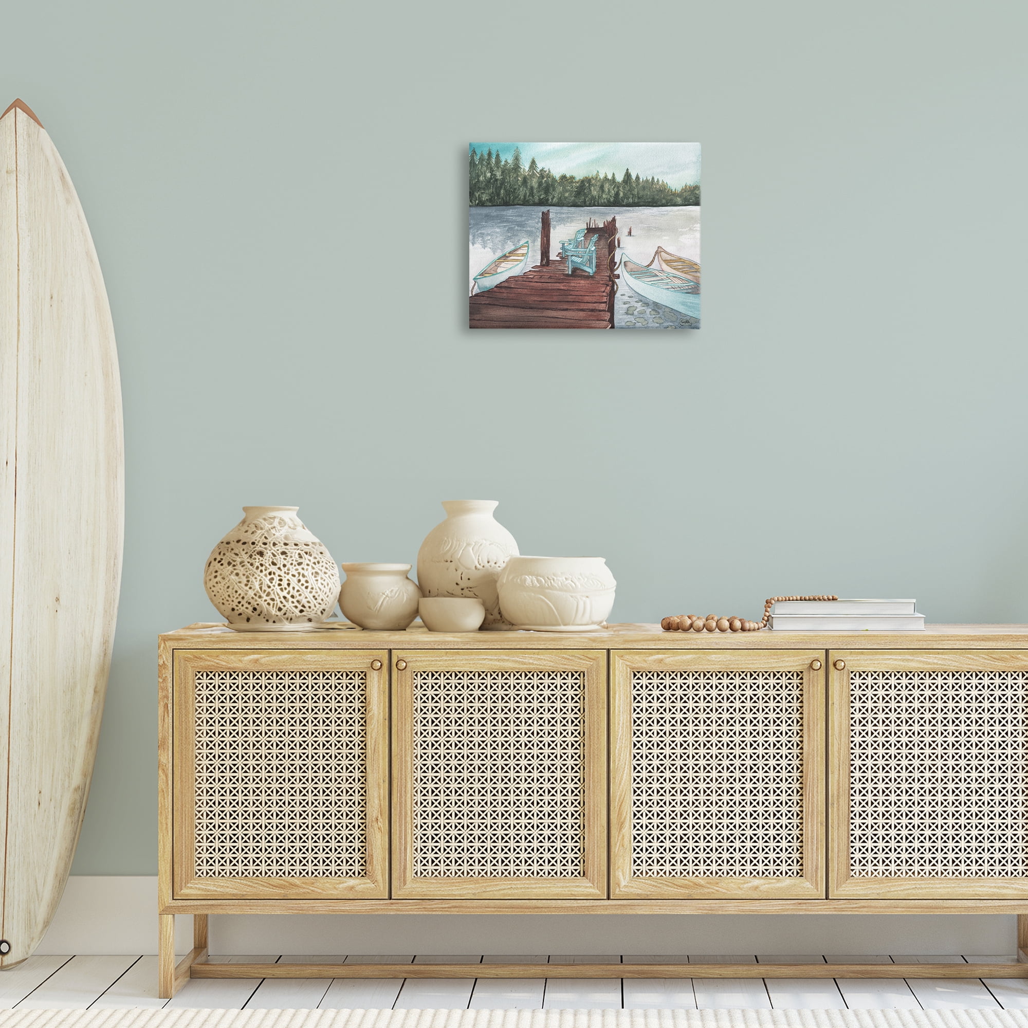 Stupell Industries Canoes at Lake Dock Landscape Painting Gallery Wrapped Canvas Art Print Wall Art, 20 x 16