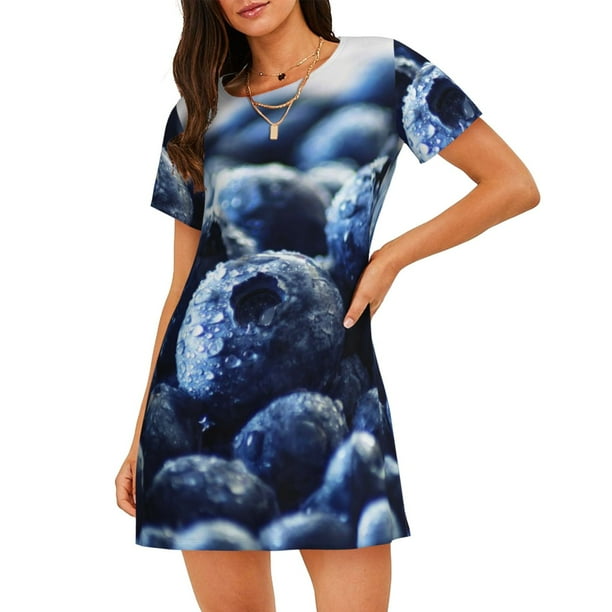 Fotbe Blueberry Bata de Dormir para Mujer con Estampado, Camisón de Algodón de Manga Corta, Ropa de Dormir Casual