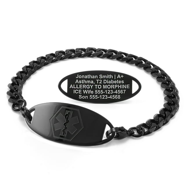MedicEngraved Black Stainless Steel Custom Medical Alert Bracelet - 7mm Curb Link