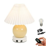 FSLiving 9.5 inches Cute Ceramic Pot Table Lamp Cordless Battery Operated by Remote Control Dimmable, Wireless Warm Light White Pleated Lampshade, Cream Mushroom for Living Room, Console, End Table