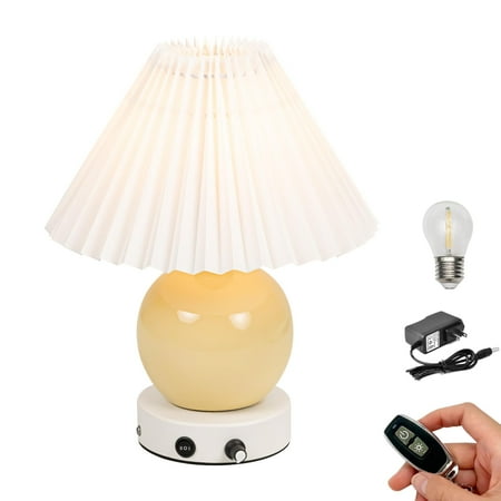 FSLiving 9.5 inches Cute Ceramic Pot Table Lamp Cordless Battery Operated by Remote Control Dimmable, Wireless Warm Light White Pleated Lampshade, Cream Mushroom for Living Room, Console, End Table