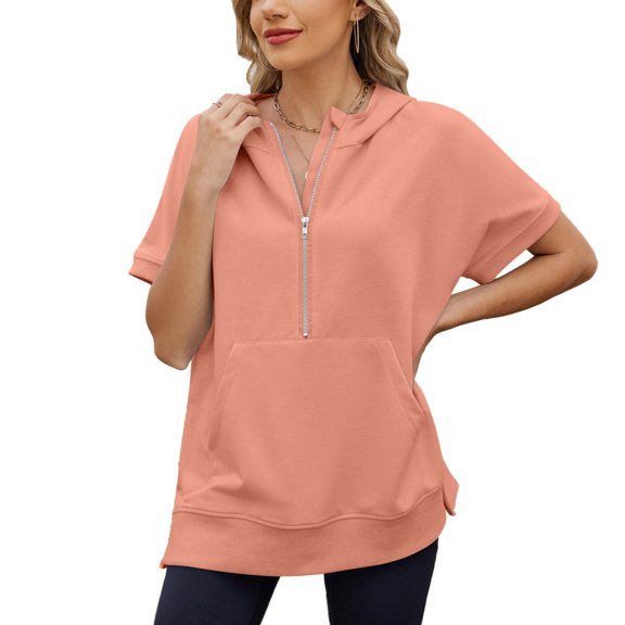 LYMAYTER Summer Sweatshirt for Women Versatile Solid Color T-Shirt Short Sleeve Half Zip Hoodies S-2XL