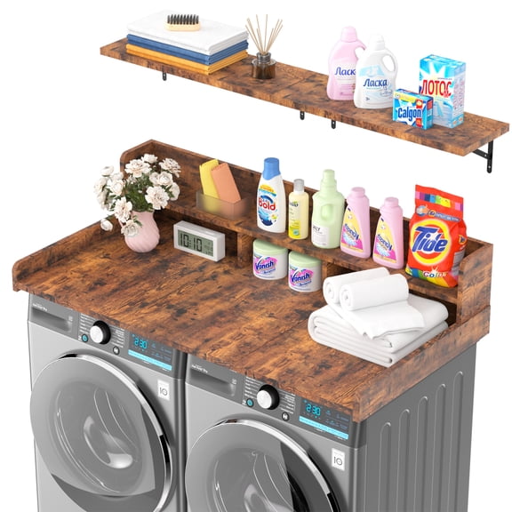 ADVWIN 54" Washer Dryer Countertop with 2-Layer Shelves and Storage Shelf, Laundry Room Countertop Set, Rustic Brown