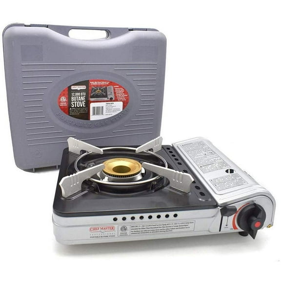 Chef Master 90235 Butane Countertop Stove 12,000 BTU, Professional Quality, Portable, with Carry Case, High Performance, Electronic Ignition, Brass Burner, Double Wind Guard, 1 Burner