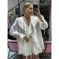 thumbnail image 3 of Two Piece Sets for Women Long Sleeve Peplum Lace Trim Chiffon Shirt Wide Leg Short Pants Vacation Travel Outfits White S, 3 of 8