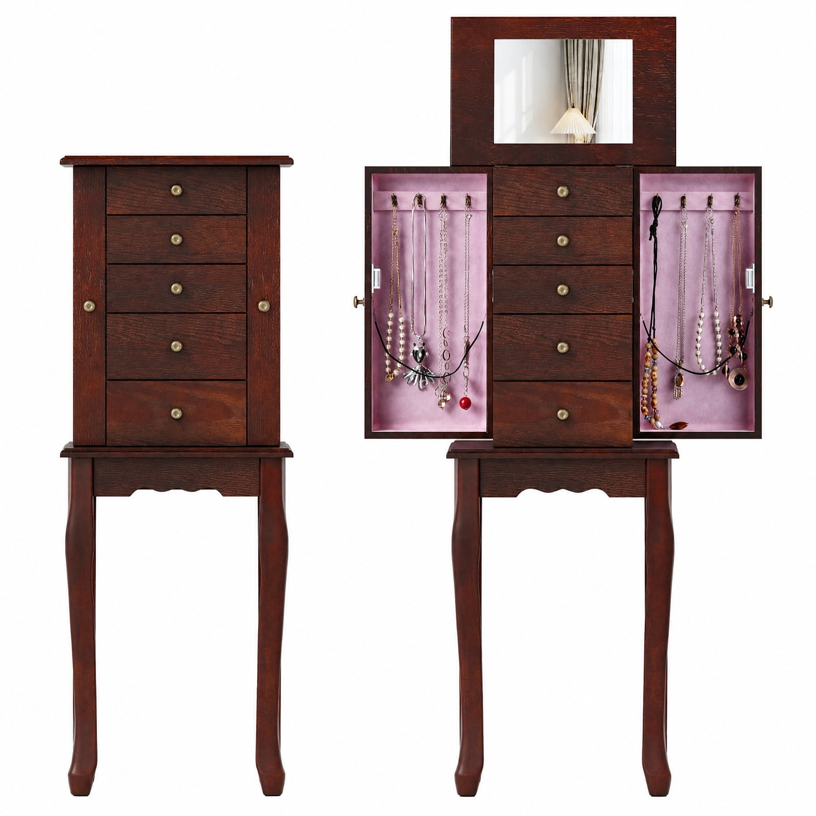 Furnibear 2 Colors Armoire Storage Standing Jewelry Cabinet with Mirror for Bedroom Dressing Room Jewelry Necklace Rings Storage Mirror, Brown