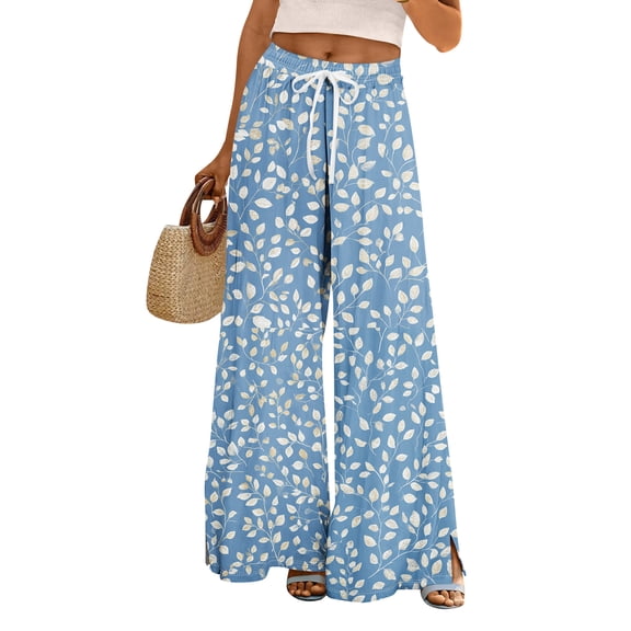 Wutalume Women Summer Wide Leg Floral Print Pants, High Waist Elastic Drawstring Palazzo Trousers with Pockets, Flowy Boho Beach Pants,Blue L