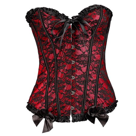 

Gaiseeis Womens Floral Black Lace Trim Corset Overbust Waist Cincher Bustier RD/XL Red XL