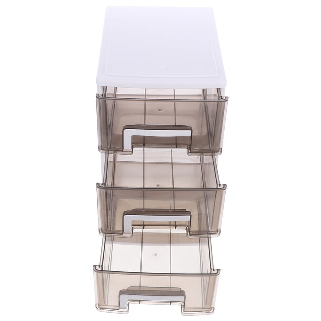 bestyash cabinet de almacenamiento con cajones plástico negro elegante para oficina y estudio Cajonera BESTYASH de 3 cajones, vista frontal; cajones plásticos ahumados con tiradores blancos y tapa blanca, formato rectangular 24x17x30cm en PP, diseñada para escritorio y oficina para organizar papelería, cosméticos y accesorios, incluye 1 unidad y es portátil para estantes y superficies.