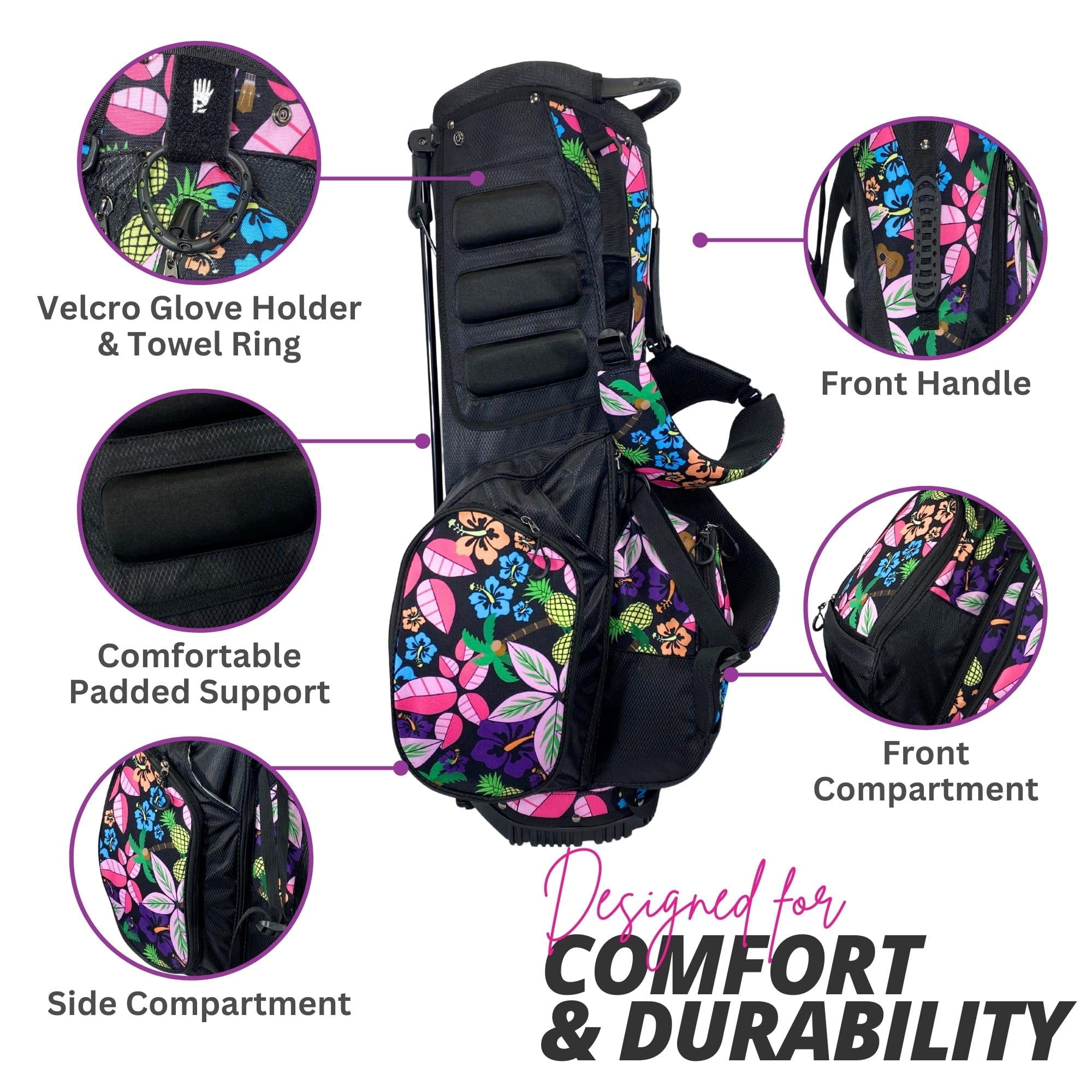 Women's Lightweight 4-Way Women's Golf Stand Bag | Taboo Fashions Stand Bag | Range Bag, Par 3, Executive Course | Self Flexing Stand, Adjustable Strap (Tropical Paradise)