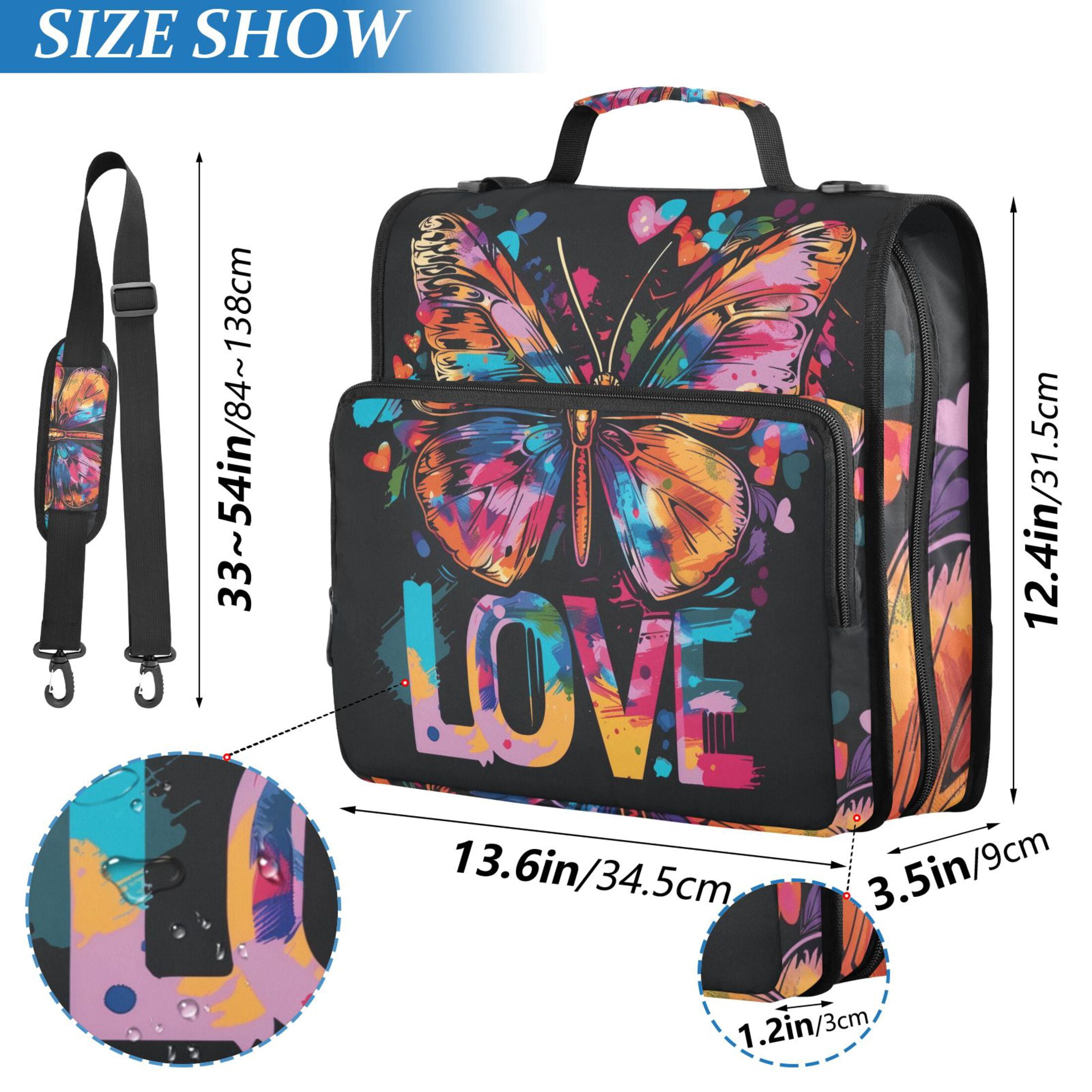 3 Ring Zipper Binder with Shoulder Strap Waterproof Trapper Keeper 2 Inch D-Ring 500 Sheets Capacity Butterfly and Love