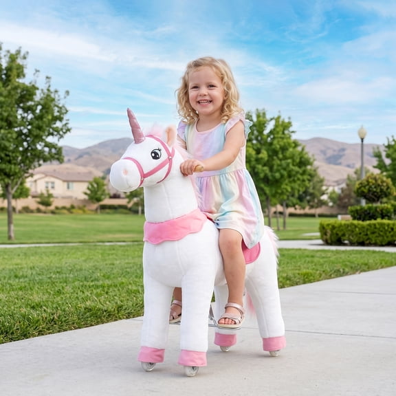 Qaba Ride on Unicorn Toy for Kids 4-7 Years, 37.8 Inch Plush Baby Rocking Horse, Mechanical Walking Animal with Wheels, No Batteries Required, White