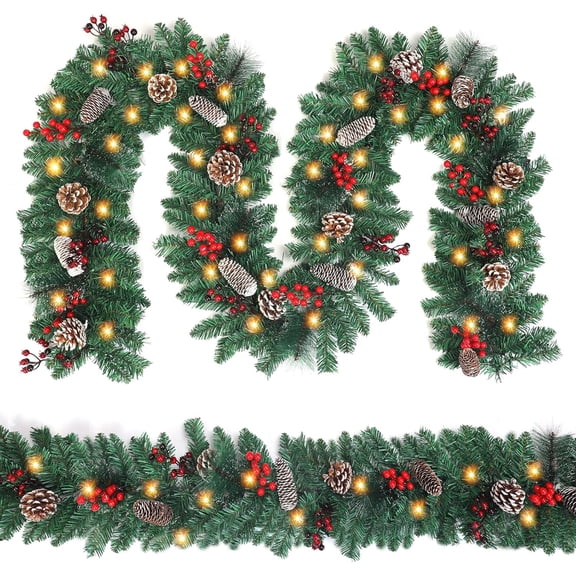 Minibee 9FT Christmas Garland with Lights, Battery Operated Lighted Garland with Pine Cones Red Berries Lush Branches Christmas Decorations