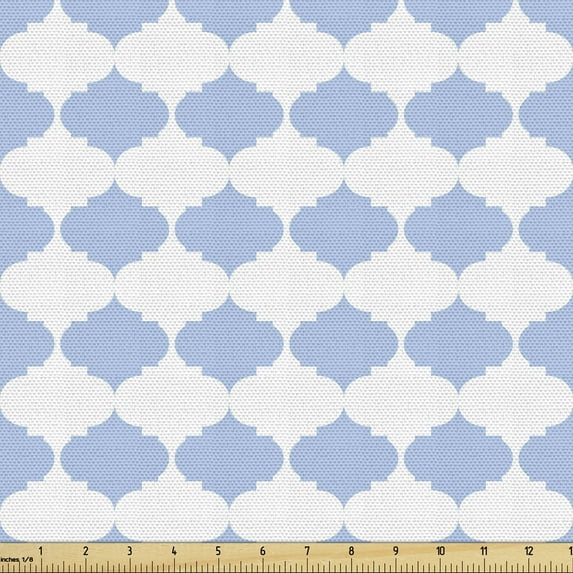 Geometric Fabric by the Yard, Ornamental Illustration Formed of Repeated Quatrefoil, Decorative Upholstery Fabric for Sofas and Home Accents, Pale Azure Blue White by Ambesonne