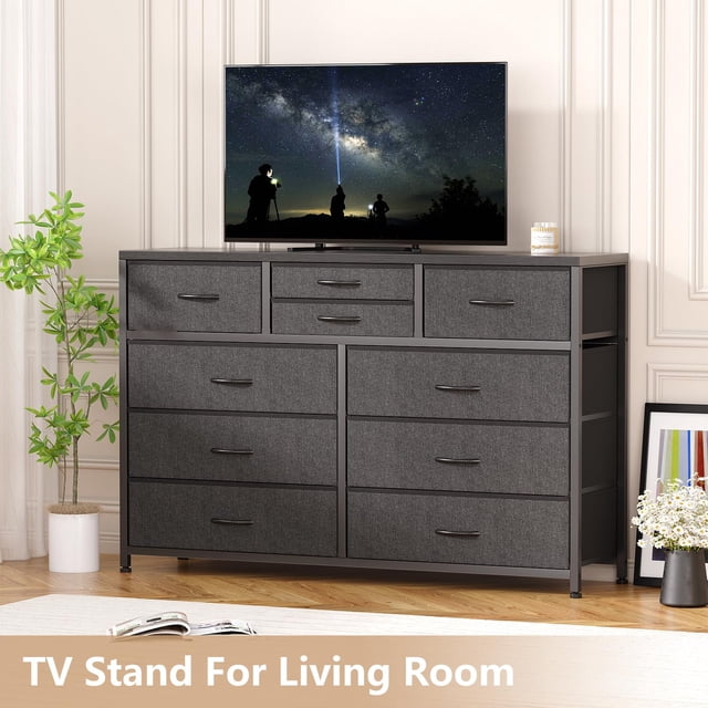 AKDSteel Tv Console Table With 10 Fabric Drawers, Adjustable Feet, And Anti-Tip Kit, Entertainment Center For Living Room Or Bedroom