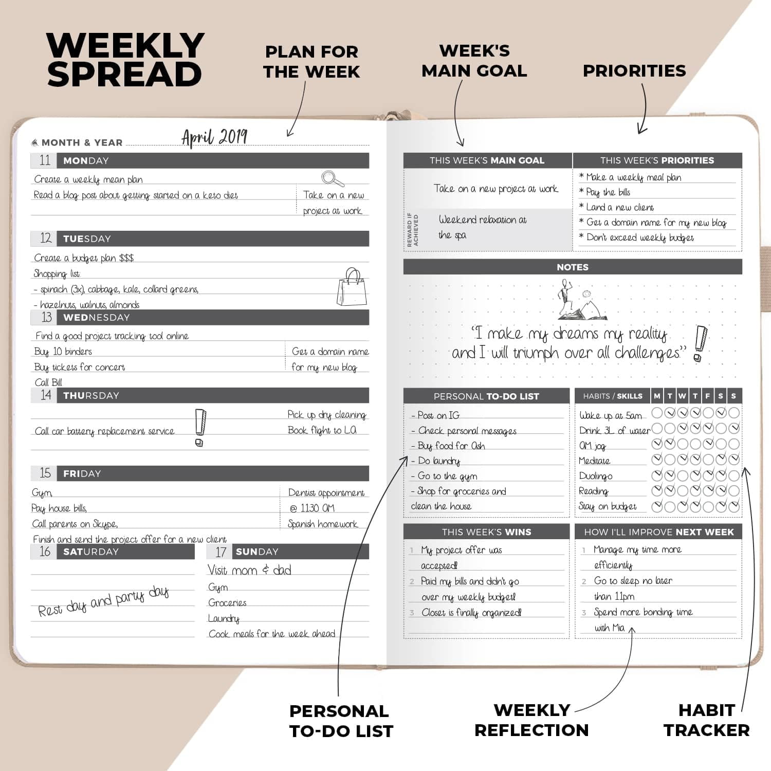 Clever Fox Planner - Undated Weekly & Monthly Planner to Increase Productivity, Time Management and Hit Your Goals - Organizer, Gratitude Journal - Start Anytime, A5, Lasts 1 Year, Pearl (Weekly)